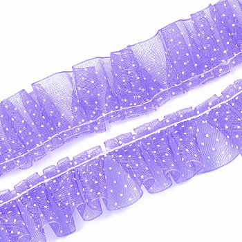 Printed Organza Ribbon, Pleated Double Ruffle Ribbon, Polka Dot Pattern, Medium Purple, 27~30mm, 30m/bundle