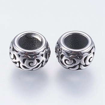 304 Stainless Steel European Beads, Large Hole Beads, Rondelle, Antique Silver, 7.5x5mm, Hole: 4mm