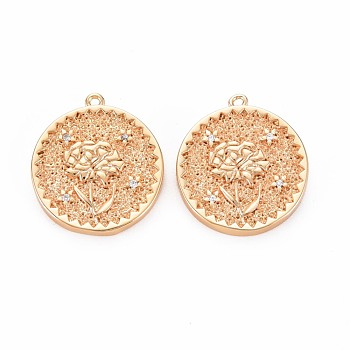 Brass Micro Pave Clear Cubic Zirconia Pendants, Nickel Free, Flat Round with Rose, Real 18K Gold Plated, 19.5x17.5x2.5mm, Hole: 1mm