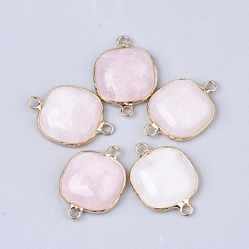 Natural Rose Quartz Links connectors, with Brass Findings, Square, Golden, 27~28x19~20x6~7mm, Hole: 2mm