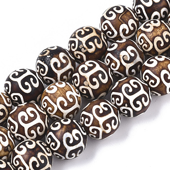 Tibetan Style dZi Beads Strands, Natural Agate Beads, Dyed & Heated, Round, Auspicious Cloud Pattern, 12mm, Hole: 1.2mm, about 30pcs/Strand, 13.78 inch(35cm)
