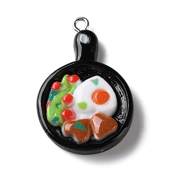 Opaque Resin Pendants, Fried Pan with Egg & Steak Charm, with Platinum Iron Loops, Colorful, 33x21.5x6mm, Hole: 2mm