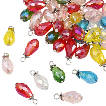50Pcs Electroplate Glass Pendants, Teardrop, with Iron Loop, Faceted, Antique Silver & Platinum, 23x10mm, Hole: 3.5mm