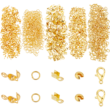 DIY Jewelry Making Finding Kit, Including Zinc Alloy Lobster Claw Clasps, Iron Bead Tips Knot Covers & Folding Crimp Ends & Crimp Beads Covers & Jump Rings, Golden, 1000Pcs/box