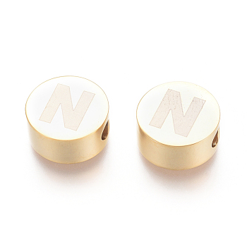 304 Stainless Steel Beads, Flat Round with Letter, Letter.N, 10x4.5mm, Hole: 2mm