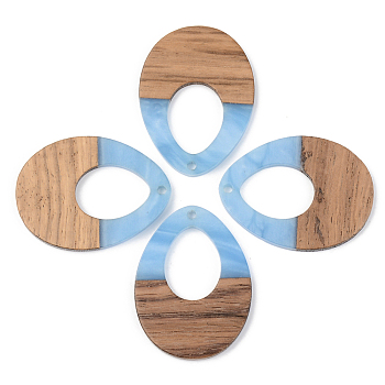 Opaque Resin & Walnut Wood Pendants, Teardrop, Cornflower Blue, 37.5x28x3mm, Hole: 2mm