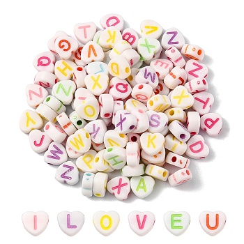 Opaque Acrylic Heart Beads, Horizontal Hole Letter Beads, Mixed Color, 7x7.5x4mm, Hole: 2mm