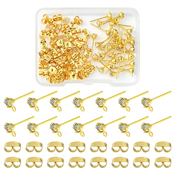 30Pcs Brass Stud Earring Findings, with Horizontal Loops and 60Pcs Iron Ear Nuts, Golden, 15x4mm, Hole: 0.5mm, Pin: 0.8mm