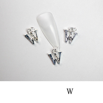 Alloy Rhinestone Cabochons, Nail Art Decoration Accessories, with Jump Ring, Letter, Platinum, Letter.W, 11~14x5~12mm