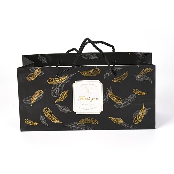 Rectangle Paper Gift Bags, Shopping Bags, with Handles, Feather Pattern, Black, 24.8x27x0.6cm