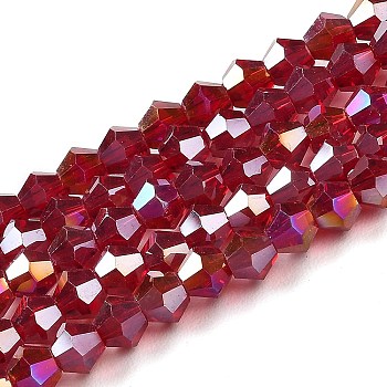 Transparent Electroplate Glass Beads Strands, AB Color Plated, Faceted, Bicone, Dark Red, 6x6mm, Hole: 1mm, about 45~47pcs/strand, 9.65~9.84 inch(24.5~25cm)