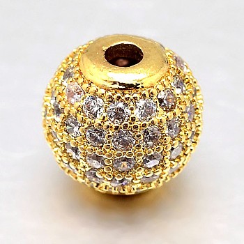 Round Brass Micro Pave Cubic Zirconia Beads, Clear, Real 18K Gold Plated, 6mm, Hole: 1.8mm