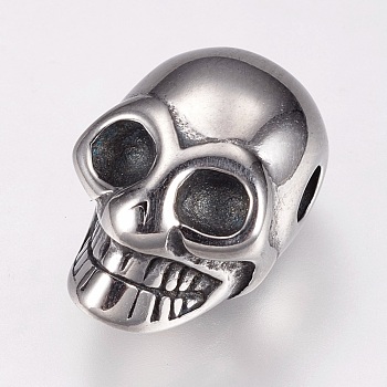 304 Stainless Steel Beads, Skull, Antique Silver, 17x11.5x9mm, Hole: 3mm