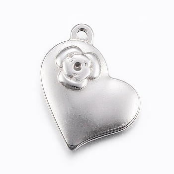 304 Stainless Steel Pendant Rhinestone Settings, Heart with Rose, Stainless Steel Color, Fit For 1mm Rhinestone, 25x20x5mm, Hole: 2mm