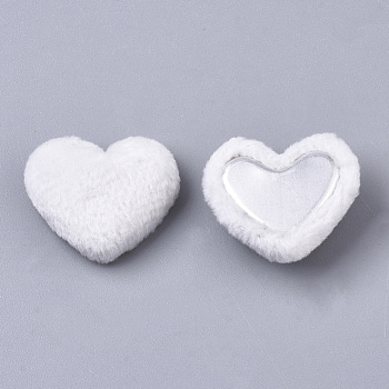 Velvet Cloth Fabric Covered Cabochons, with Aluminum Bottom, Heart, White, 14~15x16~17x6~7mm