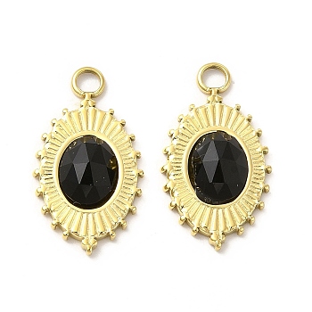 Natural Black Onyx(Dyed & Heated) Pendants, Faceted Oval Charms, with Vacuum Plating Real 18K Gold Plated 201 Stainless Steel, 22x12x4mm, Hole: 2.5mm