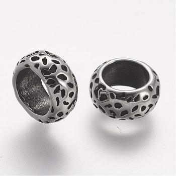 304 Stainless Steel Beads, Rondelle, Large Hole Beads, Antique Silver, 10x5mm, Hole: 6.5mm