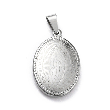 304 Stainless Steel Oval Pendants, with Virgin of Guadalupe, Stainless Steel Color, 27x17.5x3.5mm, Hole: 4x6mm