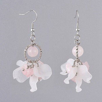 Dangle Earrings, with Natural Rose Quartz Chip Beads, Frosted Acrylic Pendants, Brass Earring Hooks and Iron Finding, Flower, 58~61mm, Pin: 0.6mm