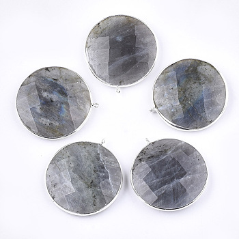 Natural Labradorite Pendants, with Brass Findings, Faceted, Flat Round, Platinum, 35~35.5x32~32.5x7mm, Hole: 1.5mm