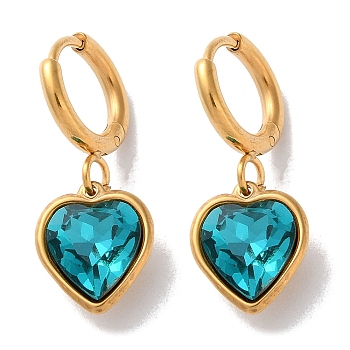 PVD Vacuum Plating 304 Stainless Steel Hoop Earrings, with Rhinestone, Heart, Blue Zircon, 26x10mm