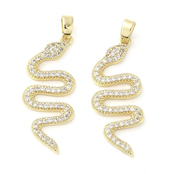 Rack Plating Brass Micro Pave Clear Cubic Zirconia Pendants, Snake, Real 18K Gold Plated, 28.5x12x2mm, Hole: 5x3mm