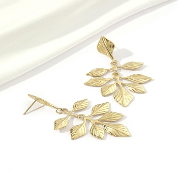 201 Stainless Steel Leaf Dangle Stud Earrings, with 304 Stainless Steel Pins, Golden, 58x35mm