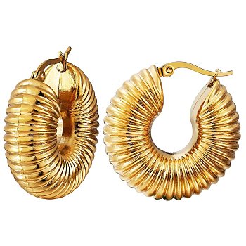 Chunky Vintage Grooved Hoop Earrings for Women, Ion Plating(IP) 304 Stainless Steel Earrings, Round, Real 24K Gold Plated, 32x30x11mm, Pin: 0.8mm