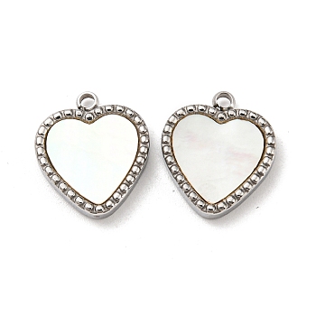 304 Stainless Steel Pave Shell Heart Charms, Stainless Steel Color, 14x12x2.5mm, Hole: 1.6mm