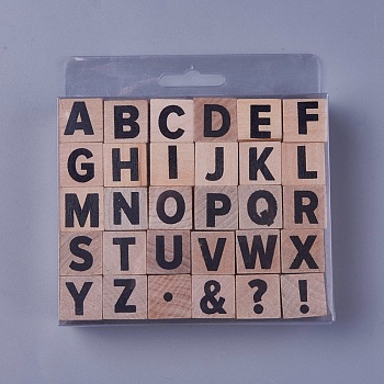 Wooden Stamps, Letter and Symbol, BurlyWood, 12.95x12.55x3cm, Stamp: 29.5x20x20mm, 30pcs/set