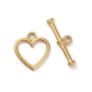 Ion Plating(IP) 304 Stainless Steel Toggle Clasps, Heart, Real 18K Gold Plated, 14x12.5x1.5mm, Hole: 1.5mm, Bar: 6x18x3, Hole: 1.5mm