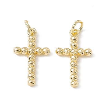 Brass Pendants, Religion Cross Charms, with Open Jump Rings, Real 18K Gold Plated, 20x11x2mm, Hole: 3mm, Ring: 5x0.9mm