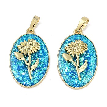 Rack Plating Brass Pendants, with Synthetic Opal, Long-Lasting Plated, Lead Free & Cadmium Free, Real 18K Gold Plated, Oval with Aster Flower, Deep Sky Blue, 25.5x16x4.5mm, Hole: 5.5x3mm