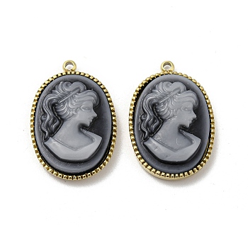 304 Stainless Steel Pendants, Oval Resin Cameo Lady Charms, Gray, Real 14K Gold Plated, 22x14.5x4.5mm, Hole: 1.2mm
