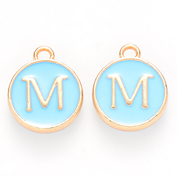 Golden Plated Alloy Enamel Charms, Cadmium Free & Lead Free, Enamelled Sequins, Flat Round, Sky Blue, Letter.M, 14x12x2mm, Hole: 1.5mm