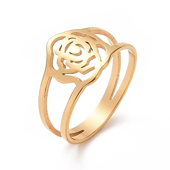 Ion Plating(IP) 201 Stainless Steel Rose Finger Ring, Hollow Wide Ring for Valentine's Day, Golden, US Size 6 1/2(16.9mm)