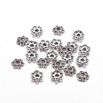 6-Petal Tibetan Style Alloy Hollow Flower Bead Caps, Cadmium Free & Nickel Free & Lead Free, Antique Silver, 6x1.5mm, Hole: 2mm