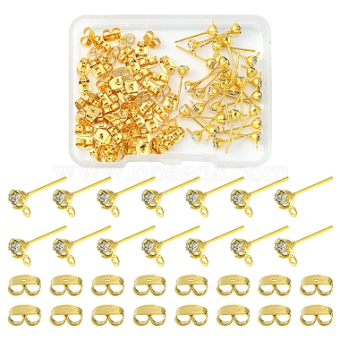 Golden Flat Round Brass+Rhinestone Stud Earring Findings