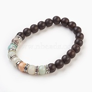 Natural Flower Amazonite Stretch Bracelets, with Natural Sandalwood Beads and Tibetan Style Spacer Beads, 2 inch(5.2cm)(BJEW-JB03824-04)