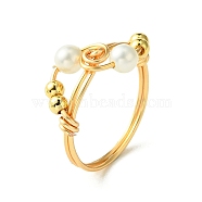 Shell Pearl Finger Ring, Copper Wire Wrapped Ring, Golden, US Size 8 3/4(18.7mm)(RJEW-TA00115)