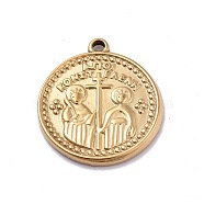Ion Plating(IP) 304 Stainless Steel Pendants, Flat Round with Cross & Saints Constantine and Saint Helen Charms, Golden, 23.2x20.5x2.1mm, Hole: 1.5mm(STAS-E187-08G)