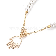 Pendant Necklaces, with Glass Pearl Beads, 304 Stainless Steel Toggle Clasps, Brass Paperclip Chains and Palm Pendants, Golden, White, 15.94 inch(40.5cm)(NJEW-JN03095-02)