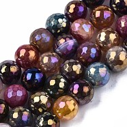 Natural Agate Beads Strands, Pearl Luster Plated, Faceted, Round, Mixed Color, 9~10mm, Hole: 1mm, about 37pcs/strand, 14.17 inch~14.57 inch(36~37cm)(G-N326-76B)