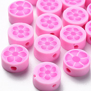 Handmade Polymer Clay Beads, Flat Round with Flower, Hot Pink, 9~10x4~5mm, Hole: 1.4mm(CLAY-T020-14E)