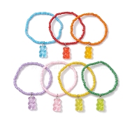 7Pcs 7 Colors Glass Seed Beaded Stretch Bracelets, Transparent Resin Bear Charm Kid Bracelets for Girls, Mixed Color, Inner Diameter: 1-3/4 inch(4.3cm), 1pc/color(BJEW-JB10236)