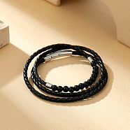 Round Natural Black Onyx(Dyed & Heated) Braided PU Leather Cord Wrap Bracelets for Women Men(LC1757-2)