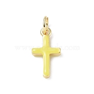 Real 18K Gold Plated Eco-Friendly Rack Plating Brass Enamel Pendants, Long-Lasting Plated, with Jump Rings, Lead Free & Cadmium Free, Cross Charm, Yellow, 15x8x3mm, Hole: 3.4mm(KK-F845-40G-06)