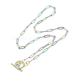 Unisex PVD Vacuum Plating 304 Stainless Steel Paperclip Chain Necklaces, with Toggle Clasps, Rainbow Color, 17.71 inch(45cm)(NJEW-H215-04MC)