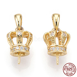 925 Sterling Silver Micro Pave Cubic Zirconia Screw Eye Peg Bails, Crown, For Half Drilled Beads, Nickel Free, with S925 Stamp, Real 18K Gold Plated, 10x8x8mm, Hole: 2x3.3mm, Pin: 0.7mm(STER-T004-72G)