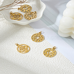 6Pcs 3 Styles 304 Stainless Steel Pendants, Chakra, Manipura, Flat Round with Flower, Golden, 22.5x19x1mm, Hole: 3mm, 2pcs/style(STAS-LP0004-33G)
